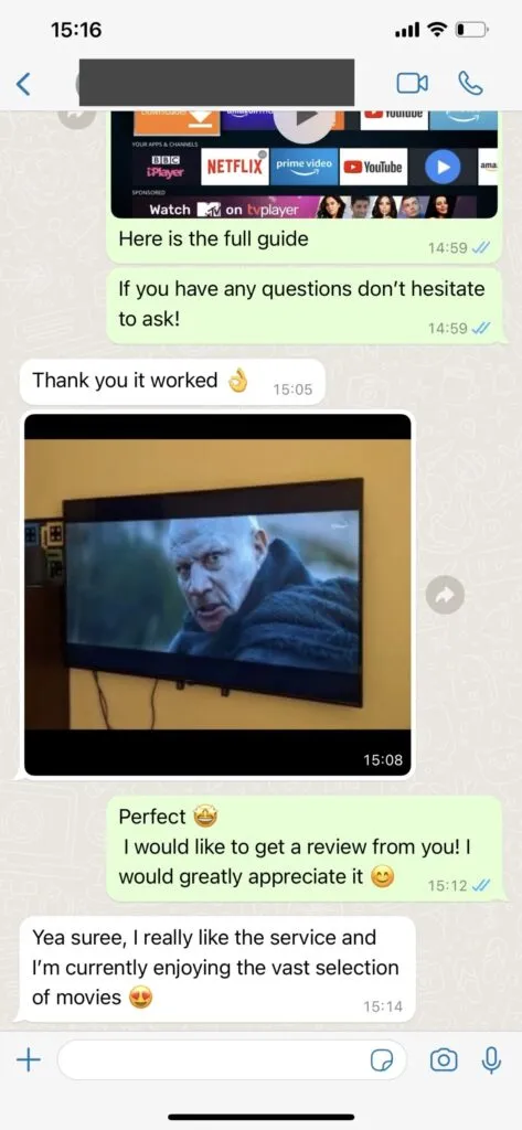 Real WhatsApp conversation review praising Beast IPTV sports stream uptime