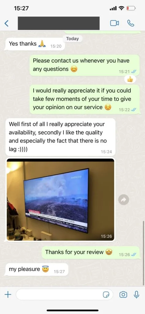 Customer WhatsApp testimonial confirming quick IPTV setup on Firestick